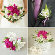 A four-image wedding collage presents a cohesive floral story, as if following a couple from their vows in central Oxford to a joyful reception near the colleges. The top-left photograph focuses on the bride's torso, her strapless white gown acting as a clean backdrop for a generous, rounded bouquet. Fuchsia pink peonies, rich and ruffled, dominate the arrangement, interlaced with white alstroemeria whose petals carry subtle maroon flecks, and fine, spiky pale-green flowers. Deep green foliage cups the blooms, giving the bouquet a lush, almost garden-like feel. In the top-right frame, the groom's charcoal suit is captured in close-up, showing a lavender tie and a carefully placed boutonniere. That small piece repeats the wedding palette on a miniature scale: white alstroemeria florets, wiry green accents, and leaves, all gathered with a lavender satin ribbon, the sort a local florist in Oxford would pin just before the walk down the aisle. The bottom-left image reveals a smaller bouquet laid on a softly textured beige surface, suggesting a bridesmaid or toss bouquet. Its magenta peonies, white alstroemeria, and green details echo the bridal design, the stems neatly wrapped in a bright lavender ribbon. Finally, the bottom-right photograph shows a low, compact table centerpiece, arranged in a white woven, globe-shaped vase that resembles intertwining strands of rattan. Three smaller, beige decorative spheres nestle beside it, tying the table décor together. Across all four panels, the consistent colour story and textures speak of thoughtful planning and skilled floristry for an elegant Oxford wedding celebration.