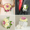 This four-part collage portrays an elegant wedding flower collection that could easily belong to a celebration in one of Oxford's historic townhouses or riverside hotels. In the top left frame, the bride's torso is shown as she holds a classic, round hand-tied bouquet close to her lace-trimmed bodice. The composition is densely packed with cream and pale yellow roses mingling with richer pink and mauve blooms, their petals layered and luminous. Threads of white baby's breath weave through the roses, while subtle flashes of green foliage provide contrast, giving the bouquet a luxurious yet timeless feel. The top right image focuses on the groom's boutonniere, neatly pinned to the lapel of a dark grey suit. Against the crisp white shirt and a vivid red silk tie, a single white rosebud stands out, cradled by petite white filler flowers and a slim curve of greenery. The stems are finished with a delicate white satin bow, suggesting careful craftsmanship and an eye for small, meaningful details. In the bottom left panel, a bridesmaid's bouquet lies gently on a pale, textured linen surface. This smaller posy mirrors the bridal bouquet's colours, with cream and pale yellow roses, a handful of bright pink blooms, and generous sprays of baby's breath softening the outline. A pink and white striped ribbon wraps the stems into a neat handle, adding a youthful, joyful note. Finally, the bottom right frame presents a compact rose arrangement perched atop a white twig sphere, flanked by two smaller woven orbs. This centrepiece, with its mix of cream, yellow, and pink roses, seems ready to take pride of place at a reception table in central Oxford, perhaps near the High or around Jericho.