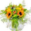 A radiant, uplifting bouquet bursts with the essence of an Oxford summer-sunflowers lead the display, each golden petal circling a rich chocolate-brown heart, channeling warmth and optimism into the room. Nearby, clusters of yellow filler blooms add sunny texture, their small size amplifying the arrangement's playful energy, much like the meandering paths through university gardens. Fluffy yellow roses tuck in for softness, their gentle curves bringing elegant contrast to the sunflowers' bold faces. Dashes of coral-orange from petite tulip-like blooms provide cheerful modernity, peeking out between broad green leaves. The foliage-highlighted by feathery fern fronds and sprigs of eucalyptus-frames the bouquet in delicate detail, crafting a look that's fresh yet slightly wild, just like the untamed meadows by the Thames. The transparent, rounded glass vase showcases a sprawl of clean green stems, reassuring in their simplicity and suggesting local, freshly cut quality from trusted Oxford florists. Every light-kissed petal and leaf glows, bringing a breath of August fields and city parklands inside. This arrangement feels perfect for congratulating a graduate, celebrating with friends on Cowley Road, or simply brightening someone's day with an infusion of sun and colour-an authentic touch of Oxford's cheerful spirit.