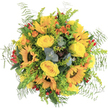 Radiating joy and cheerful energy, this exuberant bouquet encapsulates the welcoming spirit of Oxford. Sunflowers, with their broad golden faces, take centre stage, surrounded by lush yellow roses that spiral outward in sumptuous layers, all nestled within a tangle of soft, feathery greens. Vivid orange blossoms and lively red berries pepper the arrangement, evoking the colourful displays seen along Cowley Road's lively shops and markets. Cool eucalyptus and delicate ferns add texture and fragrance, grounding the sweetness of the blooms with crisp, herbal notes that recall Oxford's historic gardens. Each flower is expertly placed to balance visual interest and tactile delight, from the plushness of roses to the airy fullness of Solidago filler. Created by seasoned hands, the bouquet is more than a floral gift-it's a celebration of everyday beauty and connection, ideal for lighting up birthdays, marking new beginnings, or simply expressing gratitude. Whether delivered to a college quad, a Summertown doorstep, or enjoyed at a family gathering, this bouquet brings the sunshine and character of Oxford into every home.