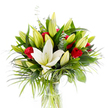 A radiant studio photograph of a sculpted bouquet that balances pristine calm with a whisper of passion: a single, fully open creamy-white Oriental lily takes centre stage, its smooth, slightly curved petals unfurling to reveal pale yellow stamens and a pale green pistil. Around it, a chorus of lime-green and creamy yellow lily buds-some tightly closed, some just beginning to loosen-create a sense of unfolding promise and future bloom. Punctuating the pale palette are several velvety red rosebuds and small, partially unfurled roses whose deep crimson petals offer concentrated notes of passion against the lighter flowers. The bouquet is anchored by a rich assortment of foliage: broad, dark forest-green lily leaves provide weight and structure, while long, feathery palm fronds in a bright emerald tone spill outward, lending movement and tropical texture. Sprigs of rounded, silvery-green eucalyptus are threaded through the composition, their muted sheen cooling the stronger greens. All of this is gathered in a simple cylindrical clear glass vase; through the transparent sides you can see the pale green stems submerged in clear water, lending the arrangement an honest, fresh quality. The bright white background isolates the colours and textures so you can focus on form and scent-the lilies' powdery sweetness layered with the roses' headier perfume. As a florist who arranges for occasions from intimate anniversary suppers near the Isis to celebratory dinners by the Covered Market, I choose this combination for its timeless mix of purity and romance: it reads as both a sincere gesture of love and an elegant centrepiece for small gatherings around central Oxford.