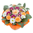 Set against a crisp white background, this Oxford-designed bouquet bursts with warmth and refined texture, every detail reflecting local flair and florist mastery. Central to the arrangement are several exuberant roses that transition in color from the softest peach to radiant orange, their open petals suggestive of the glow found at sunset along the Isis. Mingled throughout are magenta and deep purple chrysanthemums, their rich tones and glowing green centers offering striking contrast and drawing the gaze, much like the vibrant floral displays in Oxford Botanic Garden. Gentle clusters of white daisy-like blossoms, each sporting a fresh yellow-green heart, add a touch of airy lightness, mirroring the tranquillity of local wildflower meadows. Dense, polished green foliage fans out beneath-reminiscent of broadleaf ruscus or seasonal greens found at the Gloucester Green market-providing fullness and bringing visual harmony to the design. Graceful arcs of slender bear grass curve over the blooms, imparting a modern lift that feels energetic yet graceful. Gathered at its base, a wrap of bright, lightly crinkled orange cellophane secures the bouquet, echoing the bold palette of the arrangement and ensuring it arrives vibrant and ready to delight. Whether chosen for a celebration, gratitude, or to enliven a Cowley Road home, this bouquet embodies the blend of tradition and innovation that defines Oxford's floral artistry, making it a fitting highlight for any special moment.