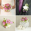 A romantic wedding bouquet is captured here in close detail, the design centred on velvety mauve-pink roses whose petals curl open like whispered promises, their colour somewhere between lavender and blush. Around them, crisp green button chrysanthemums form tiny, rounded cushions, lending a fresh, playful energy that recalls the leafy corners of South Park or a walk through the Botanical Garden in Oxford. Soft white lisianthus and creamy companion blooms nestle among the roses, their frilled edges catching the light and creating a gentle halo effect around the central flowers. The arrangement is compact yet lush, a perfectly rounded dome of colour and texture supported by straight, evenly gathered stems. These are bound together in an intricate ribbon wrap of pink and white satin, smooth and slightly glossy, giving the bouquet a polished, contemporary finish. Nearby, a groom's boutonnière lies ready, composed of a single elegant white bloom accented with wisps of greenery and a delicate touch of lavender ribbon that echoes the tones of the bouquet. The lighting is tender and diffuse, much like daylight filtering through college windows, making each petal appear luminous and full of life. This bridal set feels personal and intentional, ideal for a ceremony in one of Oxford's historic chapels or an intimate celebration in Jericho. Every detail, from the choice of roses to the way the foliage frames the flowers, suggests care, craftsmanship, and the joyful anticipation that surrounds a wedding morning.