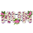 A custom, three-dimensional floral tribute spelling out the letters MUM rests against a clean white background, its presence calm and consoling. Each letter is a dense, cloud-like mass of pristine white chrysanthemums, the tiny petals packed to create a soft, velvety texture that reads as innocence and quiet devotion. Through that white field run punctuations of deep magenta or purple spray chrysanthemums, their richer tones forming subtle patterned patches that give each letter depth and movement. Bright pink spray roses form the principal focal accents: a small cluster crowns the upper left of the first M, a mirrored cluster sits at the upper right of the final M, and a gently arranged bouquet of several pink roses nestles into the lower curve of the U, becoming the heart of the composition. Rich, dark green foliage - delicate fern fronds and varied leaves - frames those rose clusters and lifts the colour palette, while tiny blue accent flowers pepper the design with cool, whispering contrast. A discreet dark bar ties the three letters together, lending structural continuity without distracting from the floral softness. The overall lighting is soft, as if early morning light is falling across the blooms, highlighting the chrysanthemums' pillowy surfaces and the roses' tender spirals; the scent is a faint wash of tea-rose sweetness and green foliage. This arrangement reads as both a dignified funeral tribute and a tender remembrance for a beloved mother, crafted with careful attention to balance and texture; it evokes the quiet rituals of memorial services and the compassionate care of local floristry in and around Oxford.