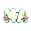 A refined floral tribute in the form of the letters MA is displayed against a clean white background, capturing every nuance of the design. The two capital letters are packed edge to edge with pristine white chrysanthemums, their rounded, clustered petals forming a soft, pillow-like texture that feels both gentle and reassuring. Each bloom is carefully positioned so the surface appears smooth and abundant, a continuous field of white symbolising purity, remembrance, and the quiet dignity so often sought for funeral flowers in Oxford. Surrounding the body of each letter, a defined dark green edging runs neatly along every line and angle. This border, created with folded ribbon or glossy foliage, sharpens the silhouette of the M and A, making the lettering easy to read at a distance during a service or graveside gathering. At the base of the left side of the M and the right side of the A, complementary clusters of pastel flowers soften the overall look. Blush pink roses and lilac-hued roses, accompanied by smaller pink spray roses, nestle closely together, their velvety petals layered and luminous. Light, feathery ferns and sprigs of greenery peek through, adding freshness and movement, reminiscent of the natural greenery seen along Oxford's riverbanks and gardens. The arrangement feels thoughtful and personal, ideal for a family wishing to honour a mum, mama, or loved one with those initials. It is the sort of bespoke letter tribute that might be delivered to a church or crematorium across Oxford, offering a clear, floral message of love, gratitude, and farewell when spoken words are hard to find.
