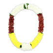 A ceremonial funeral garland in a classic U-shape is pictured against a clear white background, its colours and textures standing out with quiet precision. The upper curve is fashioned from tightly clustered white blossoms, similar to tiny chrysanthemums or jasmine, creating a smooth, pillowy band that evokes purity, peace, and a sense of calm blessing. From this serene arc, the garland flows downward into deep maroon-red sections on each side, the flowers packed densely to form robust, velvety columns of colour that feel grounded and reverent. Completing the oval, the base of the garland is composed of vivid yellow blooms, bright yet gentle, suggesting warmth, remembrance, and the small rays of comfort that follow loss. Fine wisps of green foliage are woven between the major colour bands, especially where white meets maroon and where yellow is edged with hints of white and green, offering small breathing spaces and an echo of living leaves. Every segment looks meticulously assembled, whether it is crafted with fresh or realistic artificial flowers, with the same full, even density from top to base, showcasing the kind of attentive workmanship you might expect from an experienced Oxford florist familiar with local funeral traditions. The composition feels both traditional and timeless, suitable for use in temples, at home altars, or as a heartfelt tribute at a memorial service anywhere from Summertown to Iffley. Together, the white, maroon, yellow, and green elements form a quiet visual prayer of honour, respect, and enduring love.