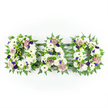 A deeply touching floral arrangement spells out DAD in three individual capital letters, set side by side in a horizontal line on a spotless white background that enhances the clarity of every bloom. Each letter is filled edge to edge with immaculate white chrysanthemums and white gerbera daisies, their soft, rounded petals creating a plush, consistent texture that feels soothing to the eye and symbolic of purity and peace. Threaded among the white flowers are small touches of colour: delicate lavender and pale mauve roses, lightly frilled carnations in similar pastel tones, and occasional deeper purple blossoms that resemble pansies or petite spray chrysanthemums. These touches of lilac and rich violet add both warmth and quiet strength, echoing the mixed emotions of grief and gratitude so many families around Oxford experience when saying farewell to a beloved father. Surrounding each floral letter, lush green foliage-particularly fine fern fronds and bright, leafy greenery-forms a fresh, natural outline that clearly defines the word and brings a sense of life and continuity. The entire tribute is lit evenly, without harsh contrasts, allowing every petal, stem, and leaf to be seen in clear detail. This DAD floral tribute would be a fitting focal point at a funeral service, memorial gathering, or graveside committal in the Oxford area, providing a personalised and traditional way to express love, respect, and remembrance. It reflects the kind of thoughtful, bespoke sympathy work created by local florists for families wanting to honour a father's life with grace and understated beauty.