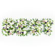 A gently horizontal floral tribute spells SON in three clearly defined, full letters set against a pristine white backdrop. Each letter is densely packed with large, crisp white blooms - a mix of full chrysanthemums and delicate white anemones whose striking near-black centers give quiet punctuation to the design - layered with soft, ruffled white carnations and tender lisianthus for contrast. Small clusters of pale lavender filler flowers and whispers of light purple are woven through the composition, introducing a modest warmth and depth without overpowering the calm whites. Every letter is edged with feathery green fern fronds; their soft, arching forms create a natural frame that both separates and unites the letters, while compact green button chrysanthemums are tucked into the interiors to add a fresh, sculptural texture. The flowers sit on a subtle dark grey structural base that appears at intervals beneath the blooms, lending clarity to each silhouette and steadying the tribute for viewing from above. Imagine this piece laid out in soft morning light near Summertown or the Covered Market, the scent of fresh petals and eucalyptus notes barely perceptible as visitors pass by; as a local florist I picture delivering it to a chapel near Magdalen Bridge or a quiet service at Port Meadow, where its understated palette and precise lettering give a tangible shape to grief and love. The arrangement reads as a personal, reverent farewell - intimate, composed and thoughtfully made - the kind of sympathy piece that comforts family and friends while honouring a beloved son with dignity and enduring tenderness.