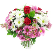 Against a bright white background, this hand-tied bouquet seems to glow with soft, harmonious colour, as though it has just been arranged in a small Oxford flower shop. Two deep red roses sit at its core, their petals densely layered in elegant spirals, conveying romance, affection, and a quiet sense of occasion. Surrounding them are generous clusters of crisp white daisy-like chrysanthemums, each one crowned with a vivid lime-green centre that brings a light, uplifting energy to the design-much like the first glimpse of green lawns along the River Thames near Folly Bridge. Interspersed with the white, varied pink chrysanthemums spread their rounded petals, from pale, almost blush tones to richer, mid-pink hues, all sharing the same green eye so the palette feels deliberately composed yet unforced. Delicate stems of pale pink waxflower thread through the arrangement, their tiny starry blossoms adding a fine, intricate texture that softens the overall dome shape and introduces a touch of countryside charm, as if freshly gathered from the outskirts of Oxfordshire. Surrounding the blooms is a collar of lush greenery, with deep green, slightly glossy leaves and lighter, more airy foliage that help the reds, whites, and pinks stand out vividly. The base reveals neatly trimmed stems bound tightly together, ready to be placed in a clear glass vase on a kitchen table in Jericho or delivered to a student room near Cowley. The bouquet feels cheerful yet composed, perfect for birthdays, anniversaries, exam celebrations, or simply sending love across town. Every flower and leaf suggests the careful hand of a local Oxford florist attuned to creating arrangements that feel both personal and beautifully balanced.