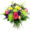 A vibrant, dome-shaped hand-tied bouquet is captured against a stark white background, allowing every hue and detail to stand out clearly. In the heart of the arrangement sit lush hot pink roses, fully open and velvety, their rich petals layered like little works of art that could have been sketched in a quiet Oxford college courtyard. Surrounding them, lime-green spider chrysanthemums burst in countless slender petals, giving the bouquet energy and a fresh, contemporary edge in vivid chartreuse. Deep indigo and royal purple lisianthus blooms are woven through the roses and chrysanthemums, some open in ruffled cups, others held in elegant buds, lending a sophisticated contrast and a sense of depth. Bright yellow gerbera-style daisies peek from various angles, their happy, sunlike faces brightening the whole design in the same way a sunny afternoon lights up Broad Street. A single creamy yellow rosebud leans gently from the lower portion, its compact, unfurling form adding a tender, romantic note. Tiny filler flowers in pale pink and lavender slip quietly among the larger stems, and clusters of slim green and white buds lift the eye upward, creating vertical interest and a hint of wild garden movement. Around the flowers, an abundance of rich foliage forms a lush green base: glossy dark leaves, more rounded eucalyptus-like stems, and fine, arching fern fronds. Tied firmly at the stems, the bouquet looks freshly arranged, as though prepared that morning by a local Oxford florist for same-day delivery to a townhouse near Jericho, a celebration in Headington, or as a joyful centrepiece for a family gathering at home.