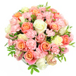 A dense, rounded bouquet of pastel roses and spray carnations is presented against a clean white background, creating a sense of purity and focus on the flowers themselves. The arrangement forms a generous dome of blooms, so closely placed together that the supporting vessel-a low, round container or hatbox-is almost completely invisible beneath the abundance of petals. Soft peach, coral, and salmon pink roses dominate the design, many of them fully open and revealing their layered, velvety centres in graceful spirals. Interspersed among these warmer roses are creamy white and very pale yellow blooms, providing a fresh, luminous contrast that keeps the palette light and uplifting rather than heavy. Weaving throughout are clusters of light pink spray carnations, their numerous ruffled petals giving the bouquet a plush, cushion-like texture and enhancing its fullness. Delicate sprays of greenery, with narrow, pointed leaves, peek through here and there, adding subtle depth and a touch of natural wildness to the otherwise polished arrangement. The lighting is bright and even, like clear daylight streaming into a floral studio near the High Street in Oxford, highlighting the curves of each petal and the soft interplay of shadows between flowers. The overall impression is one of gentle celebration and refined romance-a bouquet that feels perfectly suited to mark a birthday brunch in Jericho, to offer comfort to a friend in Botley, or to sit as a centrepiece in a calm North Oxford living room. It captures that familiar Oxford blend of elegance and warmth, suggesting fresh, long-lasting blooms prepared with professional care and genuine affection.