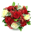 A lush, rounded bouquet of roses sits elegantly against a clean white backdrop, every element arranged with the precision of a seasoned Oxford florist. At its core are rich red roses, their velvety petals open wide and layered, surrounded by creamy white and pale buttery roses that provide a soft, luminous contrast, as though light is gently pooling among the blooms. Between these larger roses, threads of delicate red filler flowers, similar to dyed red gypsophila, create a fine, airy texture that softens the dome shape and deepens the overall red colour story. Nestling among the petals, clusters of smooth, glossy red hypericum berries catch subtle highlights, offering a festive sparkle that feels perfect for winter celebrations, romantic dinners in central Oxford, or special occasions in homes around Botley and Iffley. Surrounding the flowers is a rich collar of greenery: broad, dark green leaves lend structure and a feeling of lush abundance, while the rounded, silvery-green eucalyptus leaves introduce a cool contrast and a hint of contemporary style. The bouquet is placed in a clear, glass-effect container, its lower rim discreetly finished with a green and white check detail that suggests a carefully wrapped gift ready for hand delivery. The lighting in the image is bright and even, emphasising the interplay of satin-smooth petals, matte foliage, and shining berries. Overall, the bouquet radiates warmth, affection, and understated sophistication, ideal for expressing love, congratulations, or appreciation to someone special in Oxford.