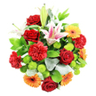 From a clean white background, this luxurious mixed bouquet seems to float, its rounded, domed shape revealing layers of colour and craftsmanship in every direction. Deep red roses, some in tight bud and others just beginning to unfurl, provide a romantic, velvety anchor at the centre, supported by full, frilled red carnations that echo their tone while adding extra texture. Rising gracefully among them, large Oriental lilies open their star-like blooms in white brushed with pink, their interiors dotted with tiny speckles and finished with prominent golden stamens that reach outward, catching the light. Bright orange and sunshine-yellow gerbera daisies punctuate the arrangement with their open, circular faces and darker centres, giving the bouquet a spirited, modern feel, like a splash of colour along Oxford's High Street on a clear day. Between these statement flowers, tight clusters of lime green button chrysanthemums add rounded, tactile interest, their vivid green a lively counterpoint to the warm reds and oranges. Embracing the blooms is a generous frame of foliage: glossy, deep green leaves provide structure and contrast, while softer, silvery-green sprigs reminiscent of eucalyptus introduce a cool, calming note, much like the quiet avenues around North Oxford. The bouquet is photographed with even, natural-looking light, ensuring every petal, leaf, and texture is crisply defined against the white backdrop, making it ideal for showcasing online. It feels joyful yet refined, perfect for marking a birthday, offering congratulations, or sending a spontaneous just because surprise to someone in Cowley, Headington, or the city centre, capturing the spirit of a vibrant, freshly arranged Oxford flower delivery.