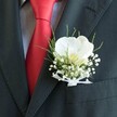 A close-up photograph captures the upper torso of a man dressed in impeccably tailored formalwear, ready for a special celebration in Oxford. He wears a deep charcoal, almost black, suit jacket with a sharply defined lapel, the wool fabric appearing smooth yet slightly textured under soft indoor lighting. Pinned precisely to the left lapel is a refined boutonniere centred around a single pristine white Phalaenopsis orchid. Its broad, velvety petals curve outward in a gentle arc, framing a soft yellow-cream throat with a hint of blush at the centre, as if it were quietly glowing against the dark fabric. Around the orchid, clusters of tiny white baby's breath create a light, cloud-like halo, each minute bloom adding airiness and delicacy. Slim strands of vibrant green, grass-like foliage fan out behind the flowers, giving the design depth and a fresh, garden-picked feel, reminiscent of early morning walks along the Cherwell or through the University Parks. The stems are neatly bound and finished with a sheer white ribbon tied into a small, tidy bow that lies flat and elegant against the jacket. Beneath the boutonniere, a lustrous red silk tie slices diagonally through the frame, its saturated colour and subtle sheen standing out against a lightly patterned, pale dress shirt. The contrast between the rich red tie, the crisp shirt, and the pure white orchid creates a sense of poised excitement, perfectly suited to a wedding reception near Oxford's historic colleges, a black-tie gala on Broad Street, or a prom evening along the cobbled lanes around the High Street. The overall mood is one of quiet confidence, romantic anticipation, and meticulous attention to detail in both floral design and formal dress.