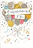 A tall, portrait-style congratulations card is shown open, its artwork evoking the same bright, hopeful energy as balloons released after a ceremony at one of Oxford's historic colleges. In the centre, a generous bouquet of illustrated balloons rises upward, each smooth, rounded form overlapping the next in a soft cascade. Their colours gently harmonise-shades of pale gold, glowing silver, champagne, sky blue, blush pink, and soft grey-creating a refined yet playful palette. On each balloon, metallic patterns shimmer: some are sprinkled with tiny stars, others wrapped in delicate stripes or dotted with glitter-like textures that suggest a tactile sparkle. Slender metallic ribbons in gold and silver trail down from the balloons, converging in a loose, decorative knot that subtly anchors the lively group. Scattered around them, small star shapes, curling lines, and flecks of confetti flutter across a light background, implying motion, as if a gentle breeze were drifting through a party on a Cowley Road terrace. Across the central portion of the card, an elegant banner unfurls, carrying the words Congratulations To You in stylish, looping script that feels personal and heartfelt. The balance between open space and detailed decoration keeps the design airy and modern while still rich with celebratory detail. You can almost imagine the soft gloss of the ink beneath your fingertips and a slight raised texture where the metallic accents catch the light. It is a card that visually captures the feeling of pride, joy, and shared happiness-a perfect companion to flowers delivered across Oxford to honour graduations, exam results, promotions, or any milestone that deserves to be cherished.