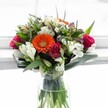 Embodying the vibrancy and spirit of early spring in Oxford, this bouquet is a tapestry of colour and exuberance, as if freshly gathered in the meadows along the Thames. The brilliant orange of the Gerbera at the heart of the arrangement radiates warmth and optimism, reminiscent of a sunrise over Port Meadow. Surrounding this cheerful centre, creamy white alstroemeria curve outward in graceful arcs, their delicate petals soft and inviting, while rich magenta and crimson roses unfurl beside them, each one layered with velvety elegance. Interwoven throughout are lacy white daisies and feathery mums, which lend a subtle airiness and intricate texture to the ensemble. The entire display is embraced by glossy, sweeping green leaves that offer contrast and movement-like the winding lanes and tranquil green spaces found around Summertown or Headington. Enveloped in soft, natural daylight that pours through a nearby window, the arrangement appears luminous and full of life, a fitting centrepiece for milestone gatherings or quiet afternoons. Whether offered for a birthday, anniversary, or simply to celebrate the everyday joys of living and giving in Oxford, this bouquet crafted by skilled local florists sends a clear message of happiness, renewal, and heartfelt affection.