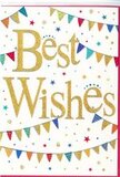 This Best Wishes card is styled like a small party captured on a pristine white canvas, filled with the same cheerful spirit you might sense walking past the cafes and flower stalls in Oxford's Covered Market. At the heart of the design, the words Best Wishes sweep across in bold, looping gold script, the letters shimmering as though dusted with fine glitter. The gold seems slightly embossed, giving the text a tactile, luxurious look that invites touch, almost like the raised detailing on an elegant invitation. Arcing above and below this central greeting, chains of bright bunting stretch from side to side, gently dipping in soft, relaxed curves. Each pennant is a tiny triangle of colour-ruby red, sky blue, grass green, sunshine yellow, and blush pink-with some featuring miniature stripes or dots that add extra playfulness, like patterns seen on festive stalls during an event in Gloucester Green. Scattered throughout the open white areas are tiny stars and confetti-style dots in coordinating colours, as if thrown joyfully into the air at the moment good news is announced. They create a lively sense of movement, reminiscent of balloons and streamers swaying in a garden party breeze in North Oxford. The composition feels balanced and uncluttered, with plenty of clean space allowing the gold lettering and colourful bunting to shine without overwhelming the eye. This card visually conveys warmth, optimism, and celebration, making it perfectly suited to accompany a congratulatory bouquet for a new job at the university, a housewarming in Marston, or any happy milestone where you want to send sincere, uplifting wishes across the city.