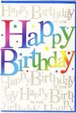 The photograph captures a richly decorated birthday card that radiates celebration, much like a colourful window display along Oxford's Cornmarket Street on a busy Saturday. At its heart, the words Happy Birthday stretch boldly across the front in generous, rounded capitals, each letter filled with a luscious sweep of colour. The hues move in a smooth gradient from deep cherry red and raspberry pink into warm orange and gleaming golden yellow, then drift through fresh lime, emerald, turquoise, and sky blue before settling into indigo and royal purple. This rainbow effect feels both playful and polished, like a carefully chosen bouquet of mixed blooms. Behind the main message, the entire background shimmers with an intricate pattern of gold writing, the phrase Happy Birthday to you repeated in delicate, flowing script. The metallic ink catches the light as though it were tiny strands of fairy lights reflected in the evening waters of the Isis, adding depth and a quiet sparkle without distracting from the bold headline. Fine specks of glitter and small star-like highlights are scattered across the surface, suggesting the joyful chaos of confetti thrown during a birthday toast in a North Oxford home. The card's finish looks smooth and slightly pearlescent, inviting you to imagine the cool, satiny feel under your fingertips. Its design balances exuberant colour with refined detail, making it suitable for both a fun, youthful celebration and a more grown-up milestone. It's exactly the sort of card you might choose alongside a vibrant arrangement from a local Oxford florist, ready for same-day delivery to Summertown, Headington, or Jericho to bring a burst of colour and happiness to someone's special day.