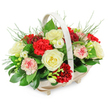 A tastefully composed funeral flower basket stands out against a stark white background, combining classic blooms and soft textures to convey sympathy in a gentle, understated way. The container is a shallow, oval wooden basket in a pale, natural tone, assembled from smooth slats and balanced on four subtle feet, with a sturdy, arching handle that curves overhead. From this simple base rises a lush, domed arrangement of cut flowers and foliage, carefully packed to look full and generous without losing its sense of calm. Creamy white roses, open to reveal their many layered petals, serve as the focal blooms, symbolising purity and loving remembrance. Around them, clusters of deep red carnations with ruffled, velvety petals provide depth and emotional intensity, while lighter pink and white-tipped carnations weave in gentle touches of softness. Smaller white flowers, reminiscent of freesias with their delicate, bell-shaped heads, thread between the larger blooms, giving the design airiness and fine detail. Beneath and around the flowers, dark green leaves form a dense, glossy bed, while fine, feathery sprigs of fern or asparagus plumosa float above the foliage, softening the edges and adding natural movement. The result is a harmonious blend of red, white, and green that feels respectful and sincere, much like the thoughtful tributes often sent to services in Oxford's churches and crematoriums. It is the kind of arrangement a local florist might prepare for same-day condolence delivery, offering quiet beauty and comfort in a time of loss.