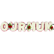 A refined OUR MUM floral tribute dominates the frame, presented against a seamless white background that lets every bloom and colour speak clearly. The letters are bold capitals, laid out in a straight line, each one expertly built from a dense bed of small white flowers, most likely chrysanthemums, arranged so closely together that the surface appears smooth, soft, and luxuriously full. Encasing this snowy field is a narrow yet vivid border of red flowers that runs around each letter, giving it definition and a sense of embrace, as if the word itself is being held with love. Between certain letters sit three thoughtfully placed clusters of deep red roses, their velvety petals slightly more prominent than the surrounding flowers, framed by fresh green foliage and feathery fern. One grouping is set between the O and the U, another nestles where the U meets the first M, and the last accents the far edge of the final M, gently drawing the eye along the word. Behind the blooms, a dark green horizontal frame connects the letters, barely visible but providing structure, suggesting the tribute is ready to be displayed at a funeral service or laid beside a coffin. The overall lighting is even and bright, as if the piece were photographed in a quiet flower studio just off Oxford's High Street or near the Covered Market, capturing the purity of the whites and the richness of the reds. This is a classic, deeply personal sympathy arrangement, expressing love, remembrance, and respect for a treasured mother in a way that feels both traditional and intimately local.