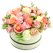 Soft as a sunrise over the Cherwell, this round cream hatbox blooms into a plush, domed bouquet that feels like a morning in Oxford captured in petals. The box has a refined matte finish and two thin dark bands-one hugging the top rim and another near the base-that give the pale vessel a quietly elegant frame. From its mouth spills a dense, carefully packed cluster of roses and carnations: large, velvety roses whose centres glow coral-peach and apricot and whose outer petals blush to pale pink and creamy ivory, while smaller, ruffled baby-pink carnations nestle between them, their frilly edges catching the light. Sprigs of bright green foliage with small, elongated leaves peek through sparingly, offering a sparkling contrast that suggests freshly cut stems from a morning market stall. Soft natural light reads across the arrangement, accentuating petal texture, the velvet sheen of the roses, and the delicate ruffle of the carnations; a gentle, powdery sweetness seems almost audible in the air. The composition is compact yet overflowing, designed for tactile pleasure-petals that invite a careful brush of the fingers-and for visual calm, suited to a sunny kitchen table, a birthday celebration, or a quiet anniversary tea near the Covered Market. There is a measured craftsmanship here: each bloom placed for balance and warmth, each colour transition intentional, resulting in a bouquet that radiates affection without fuss. This hatbox arrangement feels both timeless and freshly modern, an intimate gift to brighten a day in Oxford or to carry the soft promise of spring into someone's home.