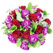Captured from a bird's-eye view against a pure white surface, this bouquet reveals itself as a carefully choreographed circle of passion-filled reds and jewel-like purples. Generous red roses anchor the design, each flower fully opened to show tight spirals of velvety petals that deepen into a sophisticated crimson at the centre. Between them, in equal measure, sit plump purple carnations, their many ruffled petals giving the bouquet a soft, almost cloudlike texture and a vivid, royal purple tone that feels celebratory, as if made for a special evening in one of Oxford's cosy restaurants off George Street. Around and among the blooms, glossy dark-green foliage-similar to Ruscus or Salal-spreads outward, creating a deep, rich frame that makes the colours seem even more intense. Punctuating this are lighter, more muted stems of eucalyptus, their rounded, silvery-green leaves lending a fresh, contemporary touch and a gentle, diffused edge to the composition. The overall effect is opulent yet approachable, like a bouquet that could sit proudly at the centre of a graduation dinner table or brighten a townhouse near Summertown. Though the image carries no sound or scent, it suggests a delicate perfume: a hint of rose layered over the crisp, herbal coolness of eucalyptus, evoking the feeling of stepping into a well-tended Oxford garden after rain. Expertly composed with local taste in mind, this arrangement seems perfectly suited for romantic gestures, heartfelt congratulations, or simply reminding someone in Oxford that they are deeply appreciated.