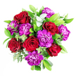 This image shows a sumptuous bouquet that celebrates rich colour and expressive beauty, blending deep crimson roses with vibrant purple carnations in a way that feels both romantic and contemporary, much like the character of central Oxford itself. The roses, fully formed yet still plush, display velvety petals that curl outward in generous layers, creating soft shadows within each bloom. Around them, ruffled carnations in bold shades of purple and violet add movement and texture, their edges delicately feathered so that each flower appears almost cloud-like. The heart of the arrangement is encircled by polished, glossy green leaves that provide contrast and structure, giving the bouquet a rounded, abundant silhouette. Threaded among the foliage are slender sprigs of silvery eucalyptus, their cool, muted tone and slightly curved leaves offering a refreshing visual pause, reminiscent of the calm you find strolling through Christ Church Meadow away from the bustle of the High Street. Natural daylight seems to bathe the bouquet, bringing out the true depth of every hue and highlighting the interplay between soft petals and firmer greenery. The effect is one of thoughtful romance and enduring charm, ideal for marking an anniversary dinner near Jericho, sending love to a partner studying at one of the colleges, or surprising someone special in Headington with a heartfelt delivery. Crafted with the practiced skill you'd expect from a dedicated Oxford florist, each stem appears deliberately placed so that colours, textures, and shapes work together in quiet harmony, creating a timeless gift that feels both personal and memorable.