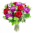 A sumptuous cluster of deep red roses and richly toned purple peonies stands proudly in a clear glass vase, creating a vivid focal point that feels both romantic and celebratory, like a gift waiting in an Oxford townhouse living room. The roses are fully open, their petals thick and velvety, swirling toward the centre in perfect spirals that suggest warmth and enduring love. The peonies, with their generous, cushiony blooms, provide a softer, more voluminous counterpoint, their ruffled purple petals catching the light in different ways, from soft lilac edges to deeper, shadowed folds. Surrounding the flowers is a frame of fresh greenery, glossy and full, that gives structure and depth to the bouquet. Sprays of eucalyptus slip between the larger leaves, their delicate, round, blue-green discs adding an airy lightness, as if a cool breeze had passed through Broad Street or along the paths of Christ Church Meadow. The clear vase reveals the stems beneath the waterline, green and sturdy, slightly criss-crossed, grounding the romantic top in something calm and steady. Light reflects off the glass and water, casting gentle highlights and subtle shadows that make the arrangement feel alive and just-prepared. Imagine the fragrance: classic rose sweetness mingled with the crisp, herbal freshness of eucalyptus and foliage, soft but present, like stepping into a local Oxford florist shop first thing in the morning. This bouquet would be perfect for marking anniversaries, milestone birthdays, or heartfelt 'thinking of you' moments, delivered across Oxford with a sense of personal care and thoughtful intention.