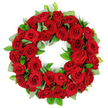 With a sense of quiet ceremony, this vibrant circular wreath of deep red roses stands out against a pristine white background. The ring is lush and full, the blooms packed tightly as if to cradle a memory, with petals in varying stages of unfurling that catch the light and glow with velvety depth. Interlaced among the roses are small clusters of bright green foliage, broad, matte leaves like eucalyptus and sharper, glossy ruscus, that bring a vivid, verdant contrast and sculpt the form into a living circle. The arrangement conveys love, sacrifice, and remembrance, a dignified tribute suited for funerals, memorials, or anniversaries that mark a life well lived. The subtle three-dimensional layering gives the wreath depth, its edge a soft whisper of petals resting over leaves, and the white background keeps the focus on texture, color, and emotion. In Oxford's neighbourhoods-from Port Meadow to Jericho, and near Oxford University parks, the sight of this wreath offers solace, a gesture of care that gathers friends and family to remember. Delivered with freshness and reliability across the city, this wreath remains a timeless symbol that speaks through doors and memorial spaces, whether in a church, chapel, or family home, with flexible delivery options across Oxford.