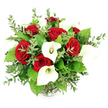 A richly romantic bouquet of red roses and white calla lilies is shown in sharp focus against a clean, bright white background, photographed from a slightly raised, straight-on viewpoint that highlights its full, rounded silhouette. The roses, a deep and velvety crimson, dominate the centre of the arrangement; their petals are tightly layered and slightly unfurled, giving a sense of blooming passion and long-lasting affection. Threaded elegantly among them, tall white calla lilies stand with refined poise, each trumpet-shaped bloom curling around a creamy-yellow spadix that catches the light, adding an architectural elegance to the design. Surrounding and weaving through these focal flowers, abundant greenery creates texture and contrast: fine, airy sprigs of eucalyptus with small, rounded, silvery-green leaves lend a soft, misty quality suggestive of early mornings along the River Cherwell, while broader, glossy leaves deliver a deep, verdant backdrop that enhances the red and white tones. The composition feels carefully balanced yet lush, like something you might find gracing a celebrations table in an Oxford college hall or a romantic dinner setting in Summertown. The flowers are gathered into a clear glass vase whose ribbed base is only just visible at the very bottom of the image, largely concealed by the dense foliage and blooms above. Bathed in even, bright light, the bouquet appears fresh and vibrant, making this photograph an ideal visual representation for romantic flower delivery, anniversary bouquets, or elegant Oxford wedding arrangements that blend classic charm with modern simplicity.