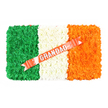A bold Irish flag funeral arrangement fills the frame, designed as a rectangular floral tribute set against a simple, bright white background, allowing every colour and texture to stand out clearly. The piece is divided into three equal vertical stripes made entirely from fresh flowers, placed so closely together that the surface looks like a soft, luxurious tapestry. On the left, the green stripe is created from tightly packed, small-headed blooms, their rich, saturated shade recalling Irish fields and adding a sense of grounded strength. The central stripe is made of clean white flowers, their petals overlapping gently to form a serene band that evokes purity, quiet prayer, and respectful silence, as you might feel in an Oxford church near Jericho or Iffley. On the right, an energetic sweep of bright orange flowers glows warmly, suggesting optimism, gratitude, and the enduring light of cherished memories. Cutting diagonally across the white and orange sections is a smooth, coral-red ribbon, angled from lower left to upper right like a ceremonial sash. The ribbon bears the word GRANDAD in clear, silver block letters, polished and dignified, making it immediately obvious that this is a loving tribute to a grandfather. Tiny white pins or pearl-like studs secure the ribbon, adding small points of detail that speak of careful, compassionate workmanship from a local Oxford florist. The overall impression is of a bespoke Irish flag memorial piece, ideal for a funeral or celebration of life, intertwining family devotion, Irish heritage, and the quiet comfort that beautifully arranged flowers can offer in times of loss.
