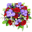 Captured from a bird's-eye view, this sumptuous bouquet appears like a circular tapestry of colour against a crisp white background, every bloom placed with deliberate care. At the core, a dense cluster of deep red roses draws the eye, their petals tightly layered into classic spirals that radiate warmth and passion, recalling timeless gestures of love along Oxford's historic college lanes. Interwoven through these roses are striking Vanda orchids, their broad petals painted in a captivating lavender-purple and dusted with darker violet speckles, adding a refined, exotic touch that makes the arrangement feel truly one of a kind. Surrounding and softening these focal flowers are rich violet lisianthus blossoms and buds, some open into ruffled, cup-like flowers, others still in elongated bud form, lending the bouquet a sense of gentle movement and evolving emotion. Small light purple florets and rosebuds are scattered throughout, offering moments of softness and calm amidst the deeper tones. All of this colour is anchored by an abundance of greenery: glossy dark green rose leaves nestle close to the blooms, while airy, silvery eucalyptus sprigs reach outward, giving the design a contemporary, slightly wild edge and a breath of fresh, herbal fragrance. Fine filler greens with tiny leaves thread in between, adding delicacy and depth. Near the base, a subtle band of silvery-grey netting hints at careful wrapping, ready to be carried through the streets from the Covered Market or sent as a same-day surprise across Oxford. The bouquet feels dramatic yet intimate, perfect for declarations of love, big anniversaries, or any moment that calls for something truly memorable.