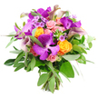 A sumptuous, hand-tied bouquet is captured in crisp detail against a pure white background, making its rich colours and textures appear almost three-dimensional. At its heart are bold Vanda orchids in saturated shades of purple and fuchsia, their wide, speckled petals creating an exotic focal point that instantly draws the eye. Surrounding these statement blooms are cheerful clusters of tangerine and bright orange roses, each flower tightly furled and brimming with energy, like bursts of colour you might spot in a flower stall off Cornmarket Street. Interwoven among them are pastel pink and blush roses, some just beginning to open, others fully unfurled, bringing a soft, romantic glow and a velvety texture that invites the imagination to touch.   

Graceful calla lilies in deep plum and gentle lavender rise above the mass of petals, their sleek, trumpet-shaped blooms arching elegantly and lending a contemporary, sculptural note to the design. Delicate sprigs of tiny lavender filler flowers nestle between the larger blooms, catching the light and adding a filigree of fine detail, while fresh green foliage forms a generous collar around the bouquet. The greenery blends slender, silvery eucalyptus leaves with darker, more compact foliage, creating depth and a natural frame for the vivid blossoms. At the base, the fresh stems are gathered and tied, clearly indicating a professionally crafted hand-tied arrangement such as you might order for same-day delivery across Oxford. The overall mood is one of joyful sophistication and heartfelt celebration, perfect for marking an anniversary dinner in Jericho, congratulating a new graduate, or brightening a townhouse near the River Thames with a touch of contemporary floral artistry.