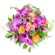 Captured from directly above on a bright white background, this sumptuous bouquet reads like a living colour wheel, carefully composed to highlight both drama and delicacy. At the centre, large, exotic Vanda orchids glow in intense fuchsia and deep magenta purple, their petals decorated with an intricate tessellated pattern that recalls stained glass glimpsed in an Oxford chapel. Around them, tightly layered roses in blush pink, vivid orange, and golden yellow unfold in spirals of soft, velvety texture, their colours blending into one another like sunset hues over the spires. Deep plum and aubergine-toned calla lilies stretch gracefully upwards, their sleek trumpets introducing a sophisticated, almost sculptural presence that anchors the design. Smaller clusters of lavender and pale purple filler blooms, reminiscent of phlox, nestle among the larger flowers, giving a touch of wild, garden-like charm and gentle movement. The greenery is equally considered: broad emerald leaves and distinctive round, silvery eucalyptus provide a cool, refreshing contrast, like stepping into the shaded paths of the University Parks on a warm day. Each stem is placed in a dense, rounded composition so that the bouquet feels full and generous from every angle, with colour and texture continuously meeting the eye. Crafted by Flowers Oxford for same-day delivery across the city-from Jericho and Summertown to Headington and Iffley-this arrangement visually conveys joy, celebration, and refined elegance, making it ideal for anniversaries, graduations, or as a striking centerpiece for a dinner table bathed in soft, evening light.