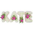 A bespoke, freestanding floral tribute spells the name KATE in large three-dimensional letters, each letter formed from hundreds of small, pristine white chrysanthemums that create a plush, cloud-like surface. The letters sit against a clean white backdrop with soft shadows beneath, making them read as solid sculpted forms; a pale pink satin ribbon traces the inner contours of each character, adding a gentle, feminine edge and a whisper of sheen. Hot pink roses provide vivid focal points-two graceful roses settle on the left arm of the K, a single prominent rose sits in the lower aperture of the A, the T carries one vivid rose at its base, and the E is warmed by a pair of pink roses along its right side. Interspersed around those roses are tiny pale-pink buds, delicate sprays that might be alstroemeria, and lush green foliage-variegated leaves, fern-like fronds and ruscus or eucalyptus peeking from the white chrysanthemum field-to give depth, contrast and an almost garden-fresh fragrance. From a florist's perspective the chrysanthemums are tightly packed for a seamless texture, the ribbon applied to refine each letter's shape, and the rose clusters positioned to balance brightness without overwhelming the serene white. The overall feeling is tender and dignified, an arrangement suited to a memorial service, funeral or celebration of life where clarity of name and quiet elegance are important. Imagine this piece placed near the choir or beside a photo at a remembrance in Oxford, its soft scent and gentle colours offering comfort and a clear, personal expression of love and respect.