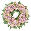 A round sympathy wreath is shown flat against a bright white background, its form perfectly circular and evenly balanced, like a carefully tended flower bed in one of Oxford's hidden cloistered courtyards. The arrangement is lush and full, composed primarily of roses in soft, understated tones. Large focal roses in dusty lavender, soft mauve, and grey-tinged purple anchor the design, each bloom fully open to reveal layers of gently ruffled petals that seem almost cloud-like. These are interspersed with groups of delicate blush-pink spray roses, some in bud, some just opening, which add a gentle warmth and a sense of quiet unfolding to the cooler purples. The flowers are supported by a substantial base of dark green fern fronds, whose feathery, serrated leaves curve outward and around the ring, giving the wreath a structured yet natural appearance. This foliage, likely leatherleaf or sword fern, forms a rich, textured halo that peeks between the roses, contrasting beautifully with the pastel petals. Tiny suggestions of darker filler greens and small buds add subtle layers and depth within the arrangement. The lighting is soft and even, bringing out the velvety surfaces of the petals and the slight sheen on the leaves without harsh highlights. The overall feeling is one of refined composure and gentle sorrow, making this wreath a fitting choice for a funeral at an Oxford crematorium, a church near the city centre, or a quiet memorial gathering. It conveys condolences and remembrance with grace, offering a floral symbol of peace, respect, and enduring affection for the person being honoured.