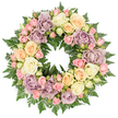 A round funeral wreath filled with roses and ferns appears centre stage against a crisp, white background, its perfectly balanced circle representing unending love and remembrance. The florist has packed the structure completely, so that the viewer sees a continuous surface of petals interwoven with just enough greenery to add depth. Large, open roses in soft ivory and creamy white form the foundation of the design, their many-layered petals opening wide like quiet sighs. Between them nestle clusters of blush pink spray roses and smaller buds, which introduce delicate touches of colour and a sense of unfolding life. Soft peach and gentle buttery yellow roses offer a warm, embracing tone, while scattered dusty lavender and muted mauve roses bring in a slightly deeper, antique shade that gives the wreath a thoughtful, reflective mood. Fine, dark green fern fronds create a thick, verdant base beneath the flowers; their feathery outlines appear at the edges and between blooms, framing the pastel tones and recalling the fresh greenery of riverside walks along the Isis or the quiet corners of Christ Church Meadow in Oxford. The light is clear and even, illuminating the entire piece without harsh glare, so that shadows around the rose centres lend a soft three-dimensional effect. The overall feeling is one of calm reverence and gentle consolation, as if the wreath has been carefully arranged by a local Oxford florist who understands how families in areas from Marston to North Oxford seek flowers that speak softly at a funeral or memorial service, offering a final, tender tribute when words are hard to find.