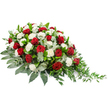 Displayed against a plain white background, this sympathy spray presents a serene, almost painterly composition of red, white, and green. The arrangement stretches horizontally, its left side fuller and higher, then gently tapering down and flowing into a graceful point on the right, like a sigh released in floral form. Deep crimson red roses punctuate the design, each rosebud firm and tightly furled, exuding depth of feeling and enduring love. Nestled among them are many white carnations, their softly ruffled petals giving a fluffy, cloud-like texture that lightens the overall look and introduces a sense of peace and purity. The flowers rise from a generous base of foliage: broad, deep green leaves provide a solid, grounding structure, while cooler, silvery-green eucalyptus leaves thread their way through the spray, introducing subtle colour shifts and a gentle, calming fragrance. On the right-hand side, fine, trailing greenery reaches beyond the main body of the arrangement, adding a delicate, cascading finish that feels both natural and thoughtfully styled. The mood is one of solemn comfort, reminiscent of stepping from the busy streets of central Oxford into the quiet of a parish church or a shaded corner of the Botanic Garden. Created with the sensitivity of an experienced florist, this funeral spray would rest beautifully on a casket or as a central memorial piece, offering families in Oxford a refined, traditional way to honour a loved one with grace, respect, and a final expression of heartfelt farewell.