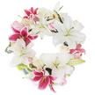 A serene and immaculate funeral wreath glows softly against a pure white background-a true masterpiece of Oxford florist craftsmanship. Bright white lilies, their star-shaped petals unfurling in peaceful symmetry, create a gentle, luminous base representing solace and purity. Scattered among them are fuchsia-pink lilies, their rich magenta tones and delicate speckles drawing the eye with vibrant contrast-much like the bursts of colour found in Oxford's Botanic Garden. Amid these grand lilies, clusters of delicate blush pink and creamy white roses are artfully nestled, their petals tightly curled or softly blooming, imparting a romantic delicacy reminiscent of the city's quiet courtyards. Hints of muted green foliage, possibly eucalyptus or subtle lily leaves, softly frame the florals, lending structure and a graceful touch of greenery. Together, these elements form a complete, unbroken circle-symbolic of unity, remembrance, and the infinite cycle of life-making the piece ideal for heartfelt condolences, funeral tributes, or memorial services in Oxford's historic settings. The careful balance of texture, colour, and natural freshness evokes a sense of peace and gentle comfort, providing a beautiful and enduring expression of sympathy for families across Oxford and its picturesque suburbs.