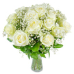 A hand-tied bouquet of immaculate white roses, each bloom opening in layered spirals of creamy, satin-like petals, rests in a clear glass vase that lets the stems and water shine beneath. Tiny clouds of gypsophila - baby's breath - weave through the roses like scattered stardust, their delicate white beads softening the composition and adding an airy texture that contrasts with the roses' velvet surfaces. Deep forest-green foliage peeks between stems, glossy and fresh, grounding the arrangement and lending a living backdrop to the pristine whites. Soft morning light appears to catch on the outer petal edges, giving some blooms a faint luminous rim while shadows fall gently in the vase, enhancing the bouquet's vertical rhythm. I picture this arrangement quietly suited to a wedding table at an intimate venue near University Parks or as a comforting presence on a mantel in a city centre home after a long day; it reads as both celebration and solace. The scent is subtle and refined - the classic, slightly fruity rose note with a hint of fresh linens and cool air - an aroma that suggests calm and renewal rather than perfume. The stems are sturdy and well-trimmed, arranged with attention to balance so each rose can breathe while contributing to a cohesive silhouette. This bouquet's mood is dignified and pure, an elegant commitment to simplicity and care. For someone who prefers understated luxury - the sort of arrangement that complements a tranquil room in Jericho or a bedside table by the Botanic Garden - these white roses speak with quiet confidence and timeless grace.