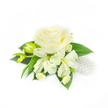 Set against a spotless white backdrop, this refined boutonnière or wrist corsage centers on a full, creamy white rose whose layered petals fold inward like soft porcelain and then unfurl with a velvety, luminous depth. Below and easing to either side, slender freesia blossoms open in delicate, trumpet-like shapes-each petal pale and translucent with a hint of green at the throat-while a couple of elongated yellowish-green freesia buds point upwards, suggesting fresh growth and the quiet promise of more blooms. Tucked among the main flowers are tiny white daisy-like blooms with minuscule golden centres that offer a cottage-garden detail and an intimate scale against the rose's generous form. A base of deep green, narrow leaves provides a vivid contrast and structural sweep, their smooth surfaces catching a soft rim light that outlines each curve and adds dimensionality. On the right-hand side, a small cluster of lustrous white pearls nestles among the foliage, reflecting light like miniature moonbeams and lending a classic, bridal accent appropriate for a groom's boutonnière or an elegant corsage. The composition feels calm and ceremonial-scented faintly of fresh garden air and morning dew-and the clean white background ensures every subtle shadow, petal edge, and pearl highlight reads with clarity. Crafted with the sensibility of an Oxford florist who understands both formal wear and relaxed garden celebrations, this piece would sit beautifully at a wedding in University Parks or a reception near the Covered Market, where understated, timeless details are prized.