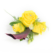 A sunlit, wearable bouquet rendered with refined theatricality: three butter-yellow roses form a luminous cluster, the centre rose fully open and the flanking blooms gently cupped, each crowned with a tiny clear crystal that catches light like a wink. From beneath that golden trio, a single sculptural calla lily in deep plum unfurls and curves downwards to the left, its satiny throat offering a rich, velvety counterpoint to the cheerful roses. Sprigs of feathery asparagus fern thread through the arrangement, lending a soft, airy texture that lifts the composition, while broader dark-green leaves ground it with solidity. Small, round white button chrysanthemums nestle among the petals, softening the overall silhouette and brightening the palette, and a couple of closed green buds peek from the lower right as a promise of further bloom. Behind the left-most yellow rose a whisper of sheer, lacy white material-like a fine tulle or feathered accent-adds a trace of bridal lightness. In soft daylight this corsage would smell of honeyed rose with the faint green freshness of clipped foliage, an inviting mix that feels both celebratory and composed. Perfectly scaled for a wedding or graduation, it reads as joyful yet elegant: the sunny roses bring warmth, the plum calla offers drama, and the crystal touches lend subtle glamour without overwriting the natural beauty. I imagine it pinned to a lapel near the Radcliffe Camera for an Oxford ceremony, catching the morning sun and reflecting the spirit of the day with quiet sophistication.