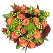 Seen from directly above against a crisp white background, this autumnal bouquet unfolds like a warm Oxford sunset. A dense, circular composition centers on large, fully opened roses in soft peach and deep orange; many petals graduate outward into a reddish-rust hue, giving each bloom a hand-painted, leaf-like quality. Punctuating those roses are clusters of Hypericum berries-some a lively lime green, others a delicate creamy yellow-that read as bright, tactile notes against the velvety petals. Small, cushiony mounds of green trick dianthus provide moss-like texture, their rounded, bristly surfaces catching light and lending a fresh, almost woodland feel. Interspersed throughout are broad, glossy green leaves that form a lush backdrop, while larger, lobed leaves in burnished burgundy and dark russet mimic fallen oak or maple, anchoring the palette in autumn's deep tones. Soft, diffuse lighting lifts the subtle sheen of the petals and casts gentle shadows that emphasize the bouquet's layered depth; you can almost sense a faint, earthy perfume of roses and green moss. The arrangement feels intentionally abundant and homey-perfect as a harvest centerpiece on an Oxford dining table, a thoughtful gift to tuck into a flat near St Giles, or a comforting presence for seasonal gatherings. The tactile contrasts-silky petals, firm berries, dense green clusters, and dried-leaf accents-invite both sight and touch, creating a composition that celebrates the crisp, luminous mood of fall while remaining refined and garden-fresh.