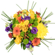 Against a pristine white background, this round, top-view bouquet looks like a colourful mandala of fresh blooms, carefully crafted yet joyfully expressive. At its core sit rich yellow roses and full, golden chrysanthemums, their many-petalled faces pressed closely together to form a sunlit centre that seems to glow with warmth. Radiating from this heart are orange gerbera daisies, each with a dark, contrasting centre that adds structure and a sense of rhythm, like bright notes in a cheerful tune played along the cobbled streets near Oxford's Covered Market. Interspersed between these are clusters of lime-green button chrysanthemums, tightly packed and spherical, bringing a refreshing, almost zesty touch that keeps the design looking modern and lively. Deep purple lisianthus thread in and out of the bouquet, some blossoms open into soft, ruffled cups, others remaining as slender buds, adding cool depth that balances the otherwise warm palette. Nestled within the greenery, shiny red hypericum berries appear in small sprays, their smooth, waxy surfaces reflecting the light in tiny points of colour, evoking berries found on autumn walks around South Park. Long, fine strands of green bear grass sweep outward and slightly upward from the mass of blooms, giving the arrangement a dynamic, airy outline as though it is gently expanding. The composition feels both abundant and controlled, with each colour and texture thoughtfully layered. It suggests a mood of bright celebration and heartfelt thoughtfulness, perfectly suited to same-day flower delivery across Oxford for birthdays, get-well wishes, or any moment when you want to send a vivid message of happiness and support.