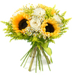 A luminous bouquet of yellow and white blooms is displayed against a pristine white background, every detail of the hand-tied arrangement clearly defined. Three large sunflowers form the visual anchor, their wide, golden petals radiating from deep, chocolate-brown centres packed with seeds, giving the bouquet a generous, sun-drenched character. Cradled between these bold flowers, creamy white roses appear in full, sculpted form, each bloom layered with soft, velvety petals that curl inward to a refined spiral at the core, introducing sophistication to the overall design. Scattered among them, petite white daisy-like blossoms with bright yellow centres punctuate the bouquet with a light, playful energy, echoing the charm of wildflowers seen on summer walks through South Park or along the edges of the Botanic Garden in Oxford. Surrounding and supporting the flowers, feathery sprays of vivid chartreuse-green foliage, reminiscent of solidago or other fine-textured greenery, create a lush, slightly untamed frame that enhances the bouquet's rustic-chic appeal. The stems are kept long and natural, gathered with care into a compact bundle and finished at the base with a simple lime-green ribbon, which wraps firmly around the stems before trailing in a relaxed, soft tail. The lighting in the image is bright yet gentle, making the yellows glow warmly and the whites appear clean and creamy without harsh glare. Together, the cheerful colour palette and relaxed structure evoke happiness and gratitude, making this bouquet an ideal image for celebrating birthdays in Oxford, welcoming someone to a new home, or sending a sunny message of appreciation.