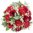 From a slightly raised, overhead perspective, this opulent bouquet appears as a rich red circle set against a stark white background, its colours and textures drawing all attention. Deep crimson roses punctuate the design, each bloom a tight, velvety spiral that suggests intimacy and devotion. Interspersed with them are generous clusters of red carnations, their frilled, layered petals adding softness and volume, like waves of fabric gathered in a careful fold. Fine sprigs of white baby's breath are scattered throughout the arrangement, their tiny blossoms forming light, cloud-like accents that lend gentleness and space to the intense red tones. Cool, silvery eucalyptus leaves thread between the flowers, their round, slightly matte surfaces adding a sophisticated contrast and a sense of calm, while darker green foliage tucks underneath to support and frame the blooms. The carefully constructed, rounded form suggests the steady hand of a skilled local florist, perhaps preparing a special delivery for a townhouse near Headington or a celebration supper off Cowley Road. The bouquet feels at once romantic and celebratory, perfectly suited to anniversaries, Valentine's surprises, or proud congratulations for exam results in one of Oxford's colleges. The clean white background keeps the focus entirely on the interplay of scarlet, white, and green, making every petal, leaf, and sprig visible, and evoking the fragrance and feeling of freshly cut flowers arranged with care and intention.