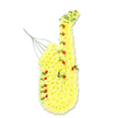 A beautifully detailed floral saxophone dominates the frame, photographed cleanly against a plain white backdrop so that its colours and curves appear crisp and clear. The entire instrument is formed from a dense mass of small, bright yellow florets, most likely chrysanthemums, arranged so close together that no gaps or foliage show through, giving the body of the sax a smooth, continuous texture from the slim mouthpiece to the open bell. Throughout this yellow canvas, tiny rounded red blooms or buds are carefully spaced, suggesting the keys and decorative details that give a real saxophone its character; their glossy, rich tone adds a note of love and remembrance to the otherwise sunny palette. Along the outside edges and key curves, slender twists of green foliage trace the instrument's line, bringing a fresh, natural contrast and creating the sense of a melody curling in the air, much like you might hear in an evening performance in an Oxford café near Jericho or along Cowley Road. Thin structural wires and stems are just visible near the upper left where the mouthpiece would be, quietly holding the composition in place while adding a touch of metallic realism. The overall effect is both sculptural and tender, capturing the personality of a musician or music lover in flowers rather than sound. It would be a moving tribute at a local crematorium or church service, expressing passion for jazz, brass bands, or late-night gigs with a design that feels personal, memorable, and deeply rooted in the city's cultural heartbeat.
