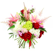 A sumptuous hand-tied bouquet is set sharply against a pure white background, the colours and shapes standing out with the clarity of a bright morning over Oxford's spires. At its heart, classic deep crimson roses cluster together, their velvety petals curled in rich, layered spirals that immediately suggest romance and heartfelt emotion. Around them, large pink lilies stretch their broad petals outward; some blossoms are fully open, with visible stamens and soft, painterly shading from pale blush to deeper rose at the tips, while other lilies remain in smooth, elongate buds, hinting at fragrance and beauty still to come. Billowy mounds of ruffled white flowers-much like cloud-soft hydrangeas or generous carnations-form a plush underpinning, adding both volume and a serene brightness that makes the stronger colours sing. A striking, round tuft of lime green dianthus occupies a key spot near the centre, its frilly texture and vivid hue drawing the eye like new spring growth along the banks of the Cherwell. Pale pink astilbe stems emerge delicately from within the bouquet, their feathery plumes arching outward to create a gentle, airy frame. Threaded among the larger blooms are small clusters of fuchsia and lavender filler flowers, offering tiny sparks of colour and intricate detail on closer inspection. Deep green foliage with a glossy finish peeks between petals, grounding the palette and adding natural depth. The stems are gathered neatly and bound with a simple yet elegant red satin ribbon, clearly marking this as a handcrafted, ready-to-present arrangement. It feels perfect for birthdays, anniversaries, or just-because deliveries to homes and offices across Oxford, from leafy North Oxford to the lively Cowley Road.
