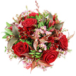 Photographed from directly above on a crisp white background, this hand-tied bouquet forms a generous, rounded dome of rich red, pink, and green tones that would feel perfectly at home on a dining table in North Oxford. Large, velvety crimson roses command attention at the centre, their petals unfurling in tight, opulent spirals that signal deep affection and classic romance. Some blooms are fully opened, revealing intricate inner layers, while others remain more compact, offering a sense of continuity and life. Laced between the roses, pale pink waxflowers cluster in airy sprays, each blossom no bigger than a fingertip, with a tiny yellow centre that adds brightness and intricate detail. Surrounding and supporting the blooms, lush foliage in varying shades of green builds a full, vibrant base, echoing the verdant walks along the Oxford Canal. Among the greenery, distinctive bronze and burgundy-tinted leaves appear, marked by subtle reddish-brown veins that bring a sophisticated depth, like the warm tones of autumn light over the dreaming spires. Scattered through the arrangement are smaller, darker red flowers, possibly alstroemeria or similar, their slender petals and bell-like shapes adding further layers of texture and colour. At the lower edge, a small hint of red and white patterned tag or ribbon is just visible, suggesting a carefully prepared gift ready for same-day delivery within Oxford, from Summertown to Iffley. The bouquet conveys a mood of romance, celebration, and heartfelt appreciation, making it ideal for anniversaries, Valentine's surprises, or marking a special occasion in this historic city.