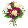 Rounded, hand-tied bouquet of white and magenta flowers shown against a clean white background, arranged with the polished ease you might expect from an experienced Oxford florist. In the centre, several creamy white roses sit in full, open bloom, their petals silky and layered in elegant spirals that invite a closer look and evoke a sense of quiet affection. Surrounding these are clusters of white spray chrysanthemums, each small flower composed of many thin petals radiating around a light green centre, adding sparkle and movement to the design, like sunlight on the River Thames near Folly Bridge. Threaded between the whites are deep magenta and fuchsia spray chrysanthemums, their rich, almost berry-like hues providing a bold splash of colour that brings energy and a contemporary edge. The blooms are nestled into lush, dark green foliage, likely Ruscus or Salal, whose smooth, glossy leaves frame and support the flowers, giving the arrangement its pleasing, domed profile. At the base, the stems are visible, neatly aligned and tied, clearly showing a professional, hand-tied finish that makes the bouquet ready for a vase in an Oxford dining room or office near Broad Street. The lighting is bright and even, leaving no harsh shadows, so each flower and leaf stands out with clarity and freshness. The overall mood is one of gentle celebration and thoughtful care, making this bouquet well-suited to birthdays, thank-you gifts, or simply sending a message of encouragement and warmth anywhere across Oxford.